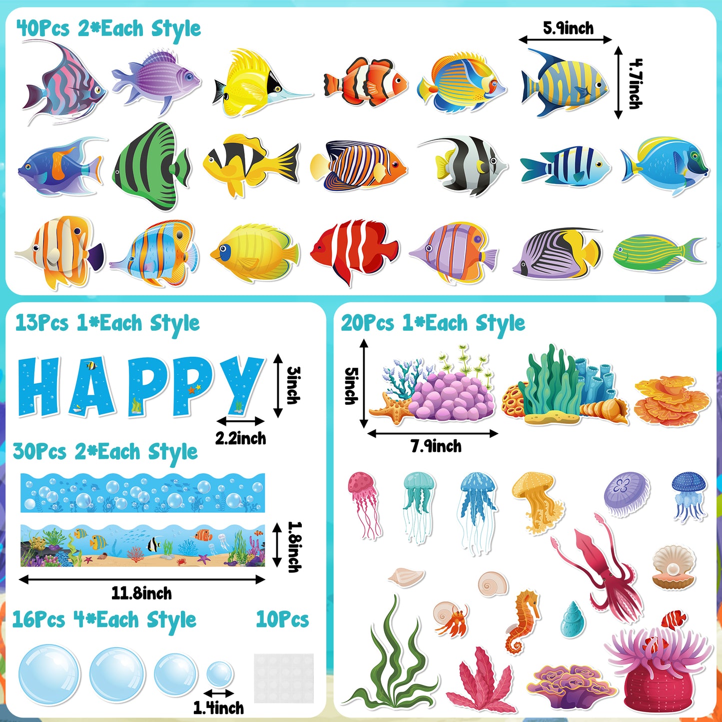 CPicdn 129Pcs Fish Cutouts Tropical Fish Back to School Name Tag Classroom Bulletin Board