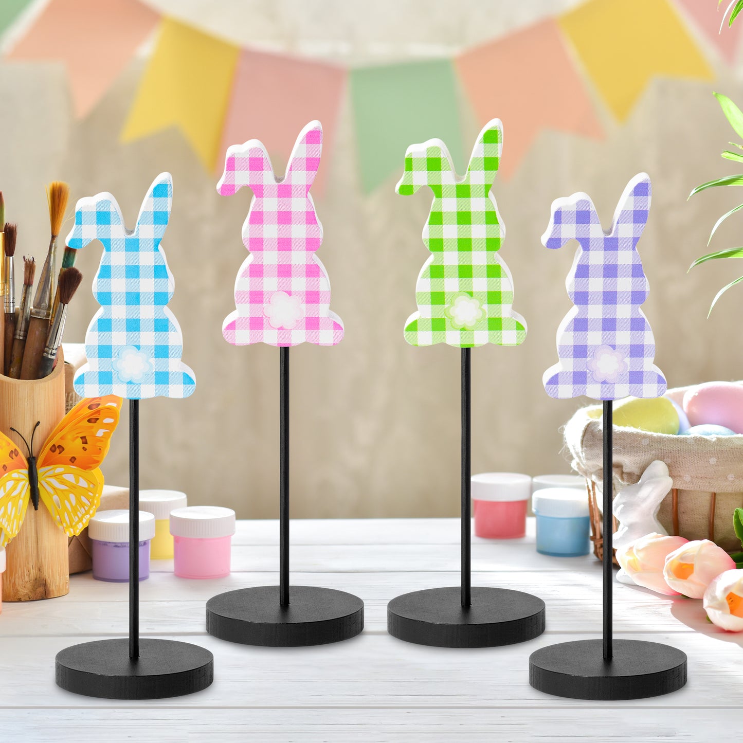 Cpicdn 4Pcs Wood Table Decor Rabbit Tall Standing Wood Block Sign Set