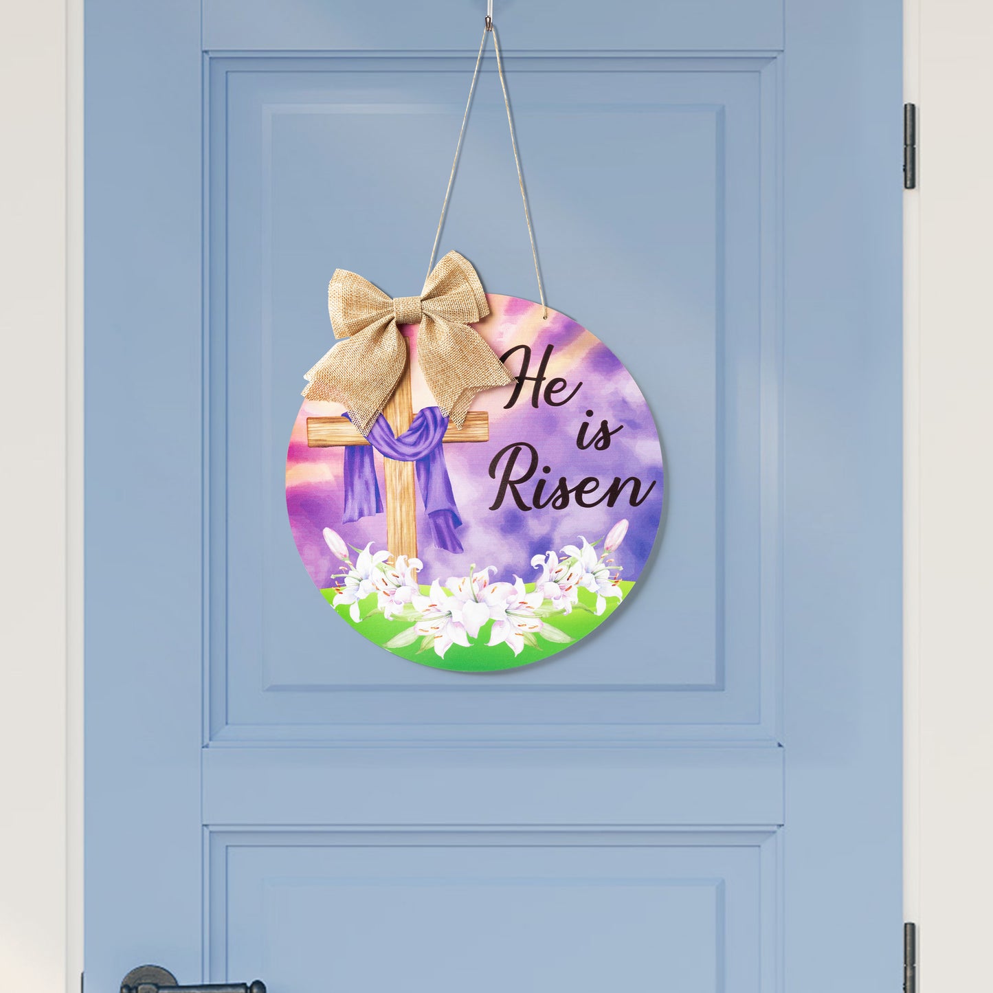 CPicdn He is Risen Door Sign Easter Cross Religious Wooden Hanging Door Sign Decorations