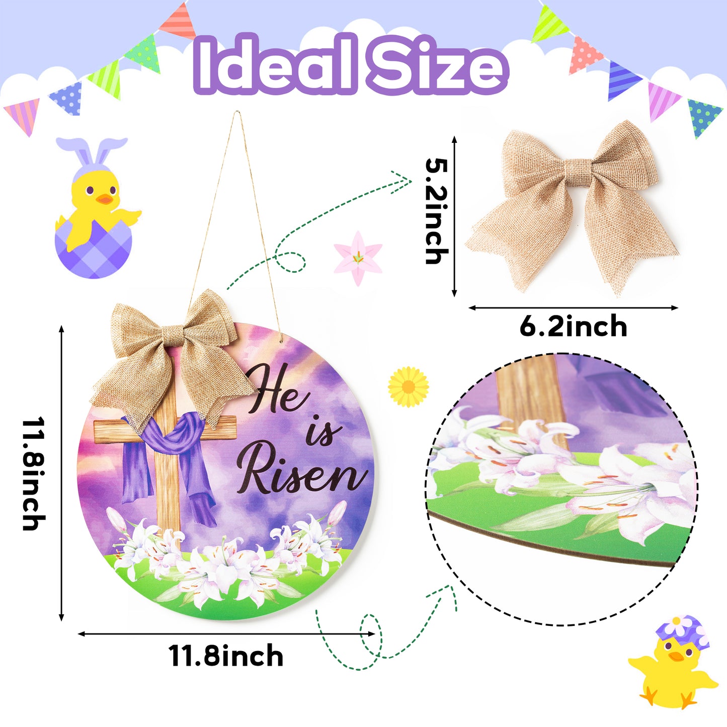 CPicdn He is Risen Door Sign Easter Cross Religious Wooden Hanging Door Sign Decorations