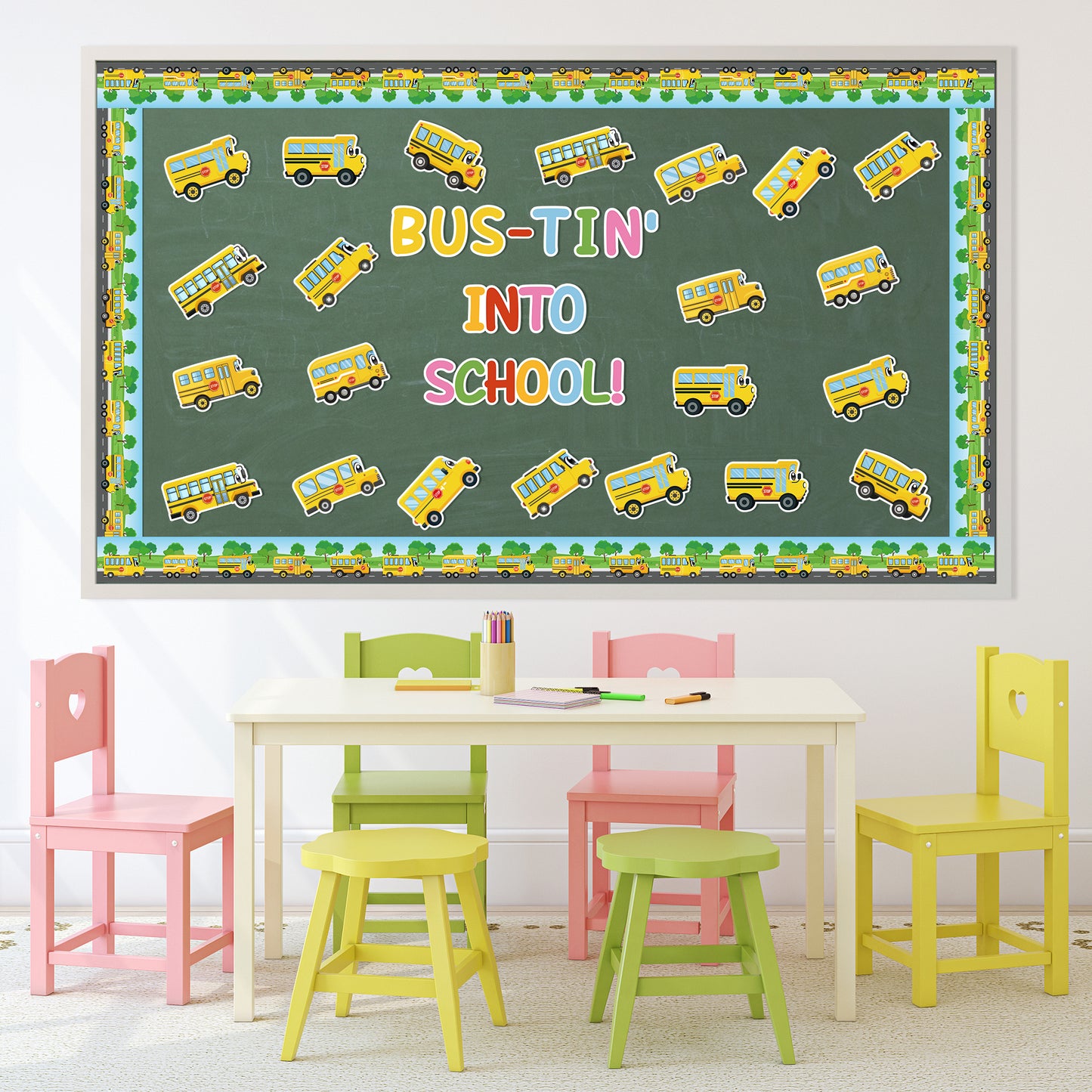 CPicdn 104Pcs Back to School Bulletin Board Decoration School Bus Cutouts Set