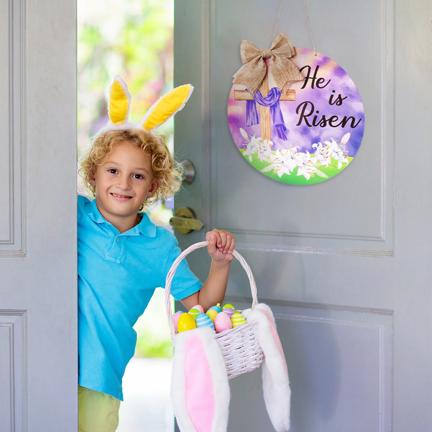CPicdn He is Risen Door Sign Easter Cross Religious Wooden Hanging Door Sign Decorations