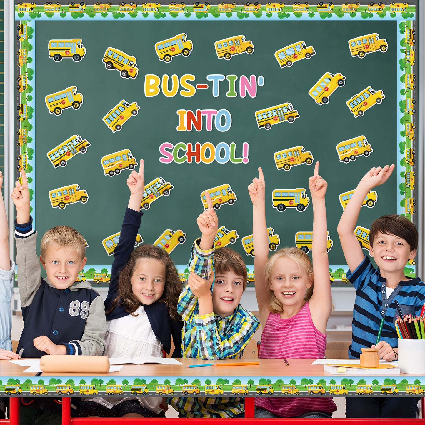 CPicdn 104Pcs Back to School Bulletin Board Decoration School Bus Cutouts Set