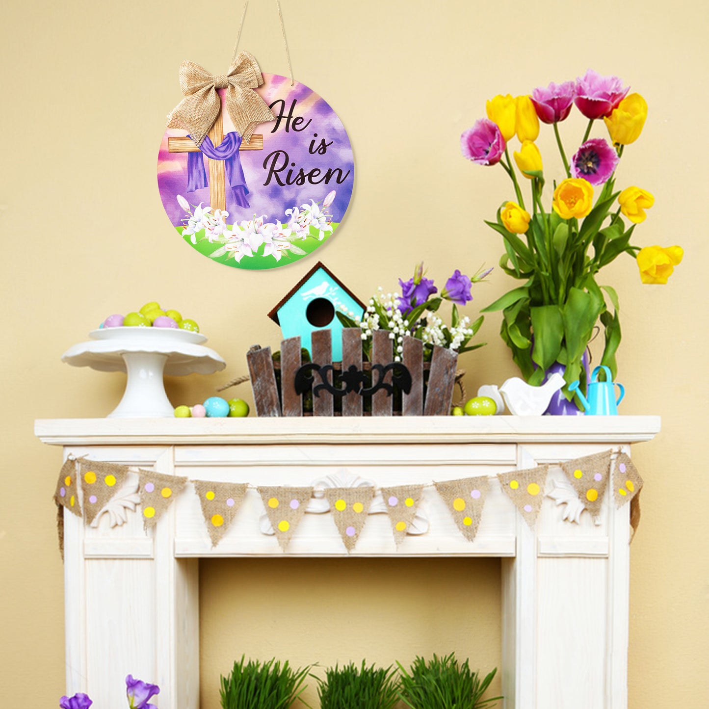 CPicdn He is Risen Door Sign Easter Cross Religious Wooden Hanging Door Sign Decorations