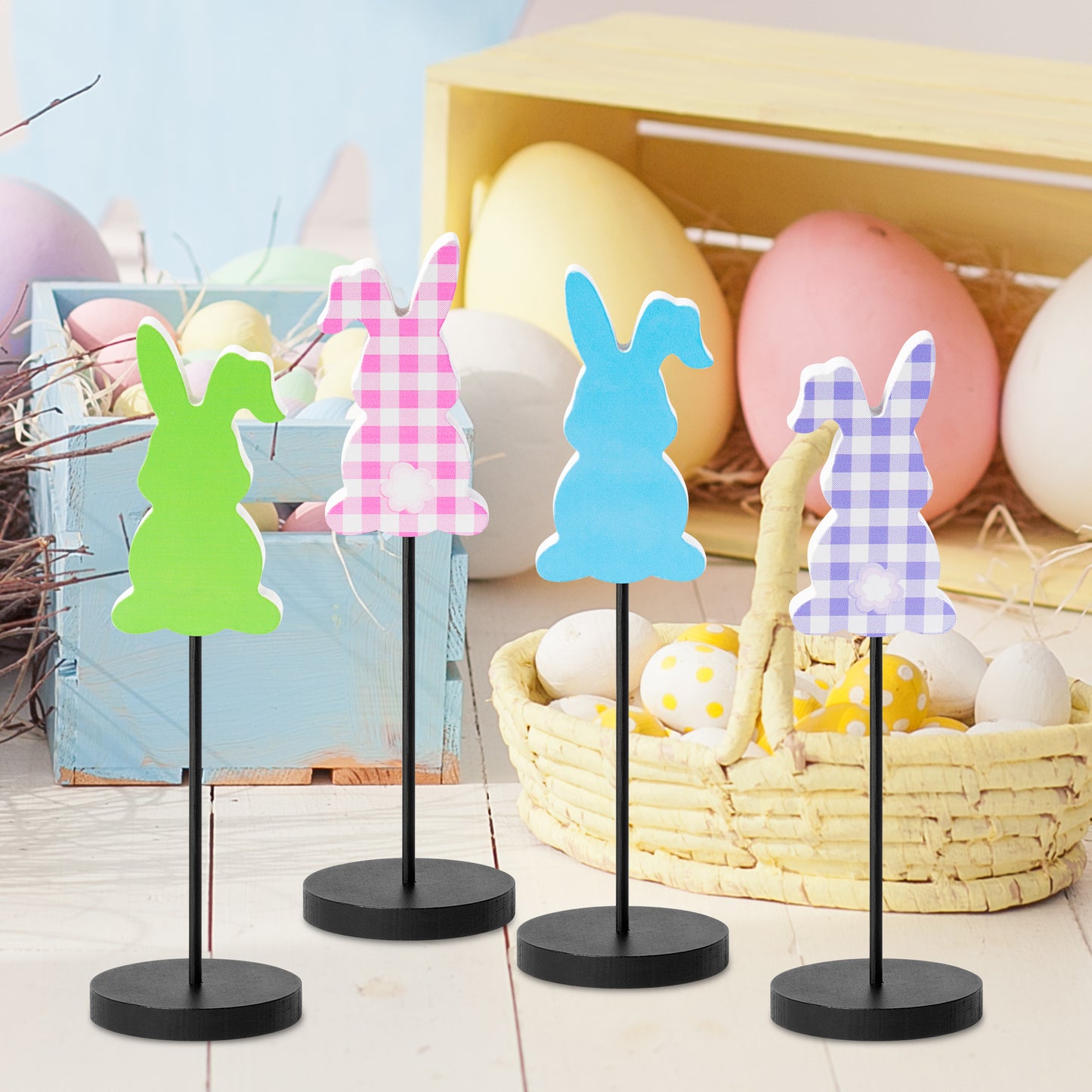 Cpicdn 4Pcs Wood Table Decor Rabbit Tall Standing Wood Block Sign Set