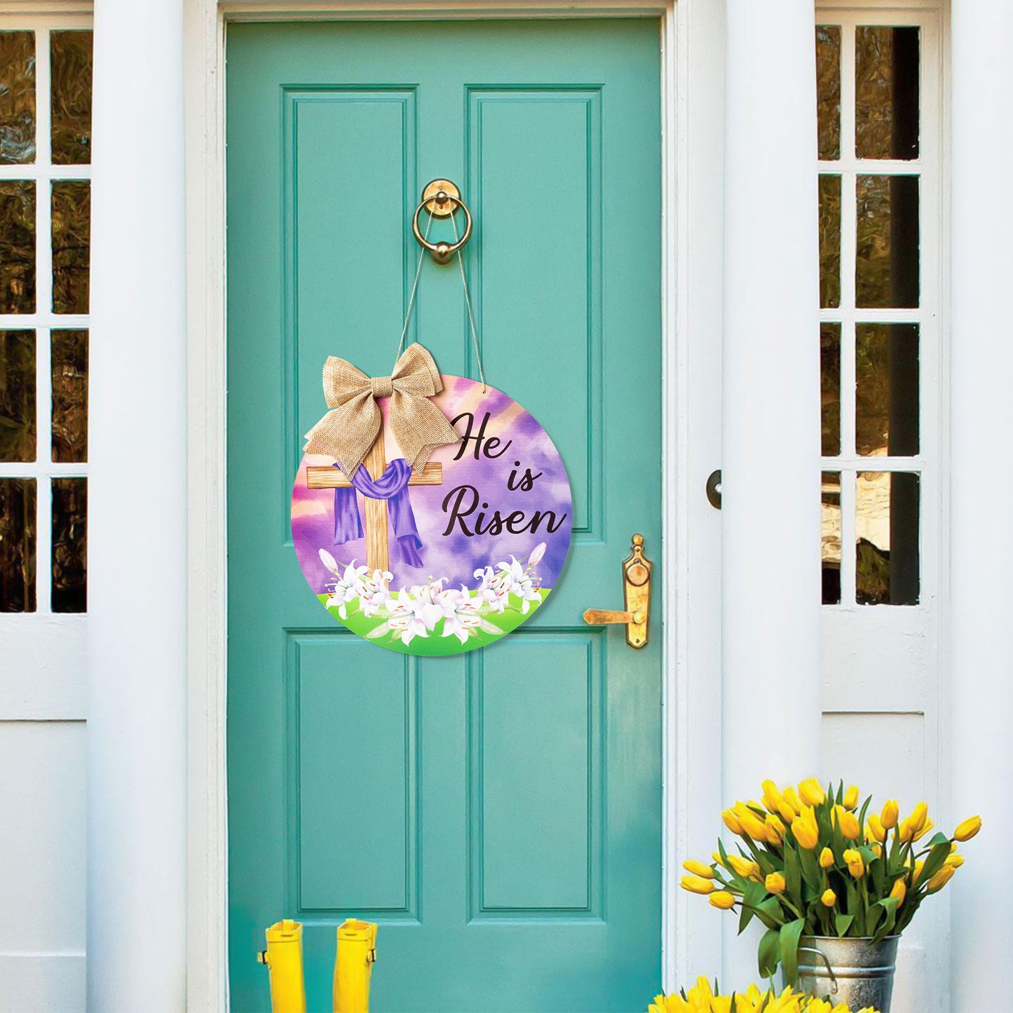CPicdn He is Risen Door Sign Easter Cross Religious Wooden Hanging Door Sign Decorations