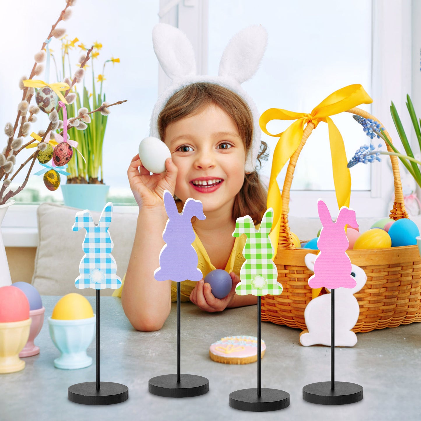 Cpicdn 4Pcs Wood Table Decor Rabbit Tall Standing Wood Block Sign Set