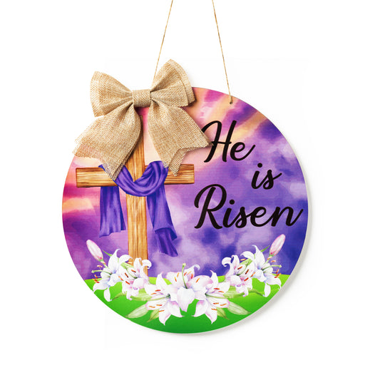 CPicdn He is Risen Door Sign Easter Cross Religious Wooden Hanging Door Sign Decorations