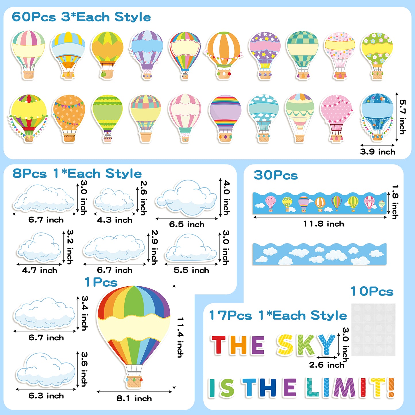 CPicdn 126Pcs Hot Air Balloon Cloud Classroom Bulletin Board Decoration Set